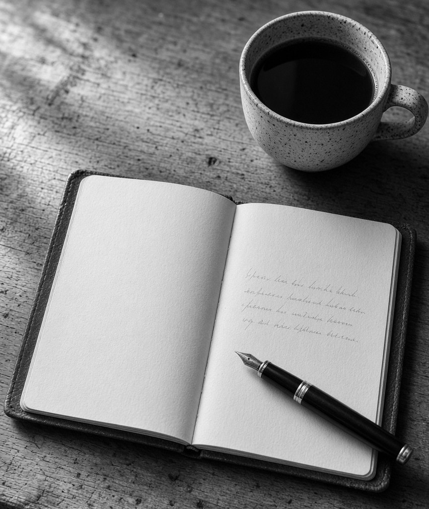 An open leather notebook with handwritten notes and a pen beside a cup of coffee